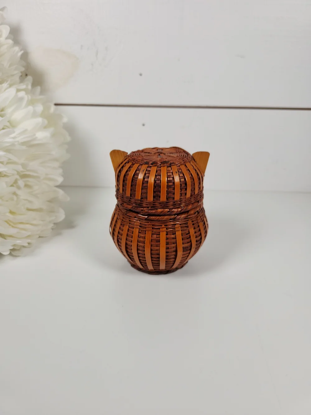 Vintage Wicker Owl Lidded Basket | Mid Century Owl Trinket Box